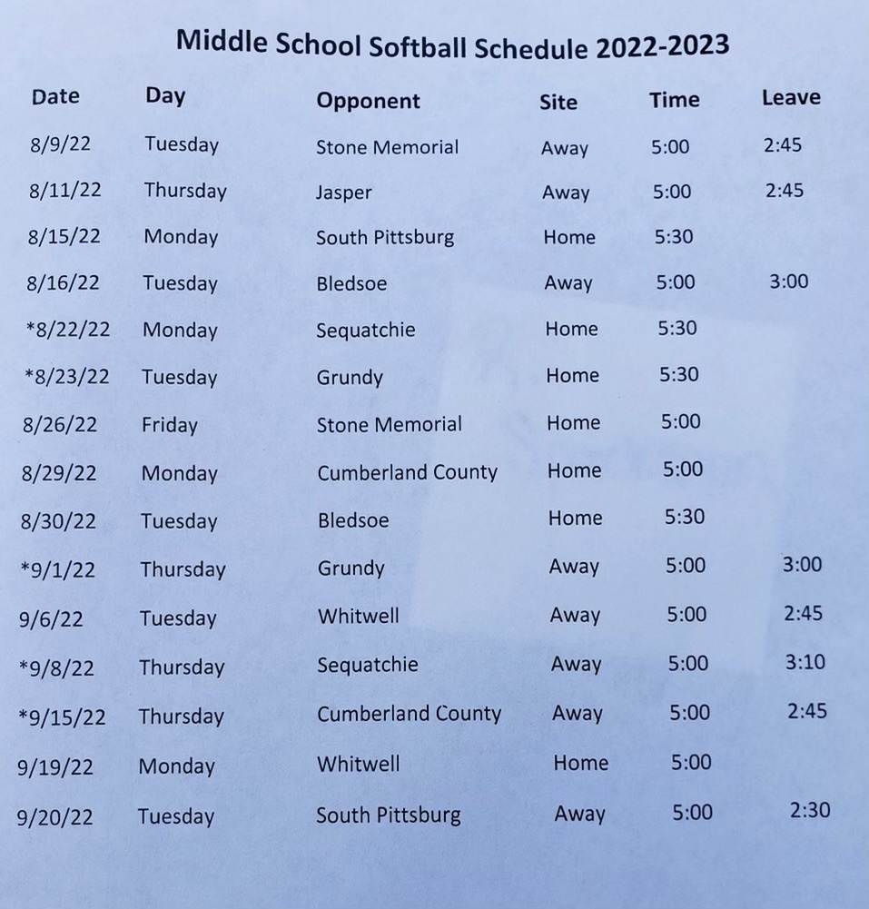 Middle School Softball Schedule