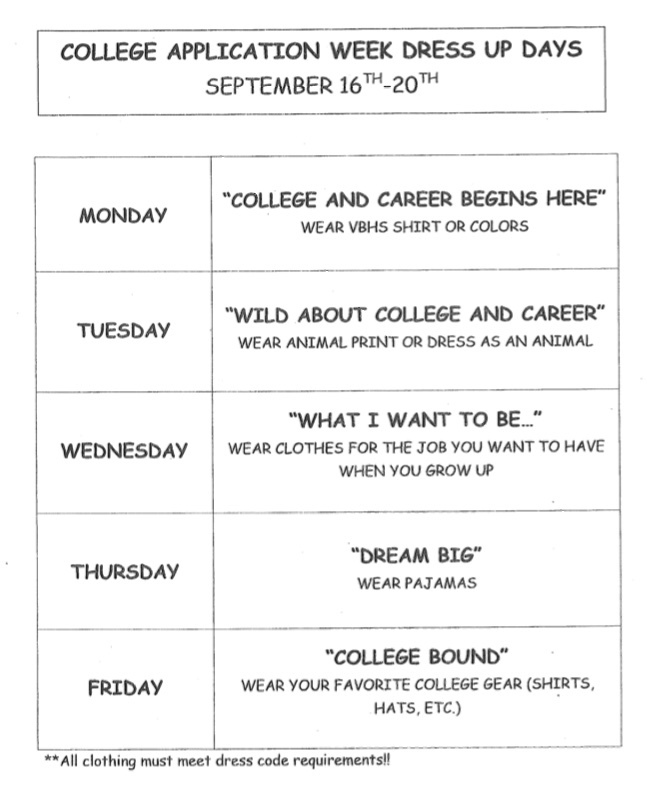 Schedule of College App Week Dress Up Days